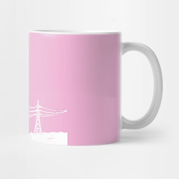 Electricity Pylons Lino Print Silhouette in White and Pink by Maddybennettart